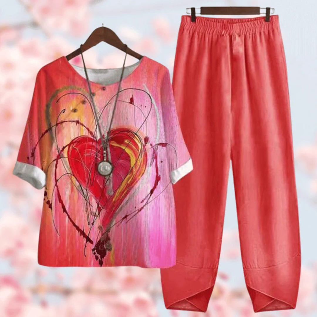 Women’s Two-Piece Set – Relaxed Fit – Cotton Blend – Elbow Sleeve – Button Detail