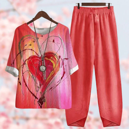 Women’s Two-Piece Set – Relaxed Fit – Cotton Blend – Elbow Sleeve – Button Detail