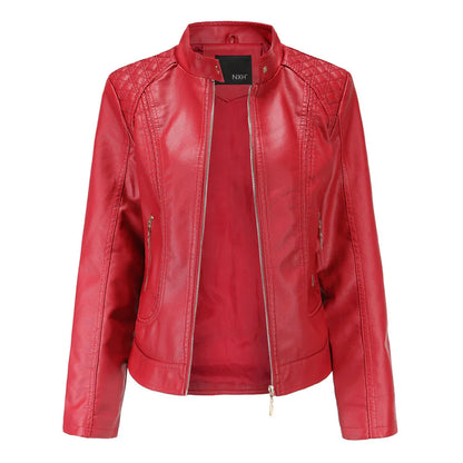 Women’s Leather Jacket – Slim Fit – Quilted Shoulders – Stand Collar – Zippered Pockets