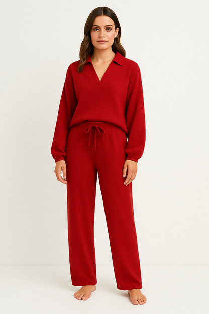 Women’s Lounge Set – Relaxed Fit – Long Sleeve V-Neck Top – Drawstring Pants