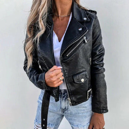 Women’s Biker Jacket – Faux Leather – Tailored Fit – Cropped – Studded Zip Details