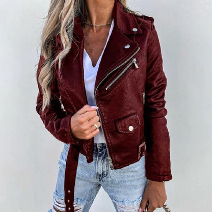 Women’s Biker Jacket – Faux Leather – Tailored Fit – Cropped – Studded Zip Details