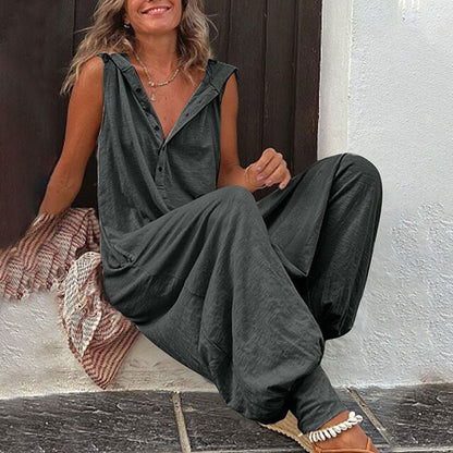 Women’s Jumpsuit – Relaxed Fit – Wide Leg – V-Neck – Sleeveless – Breathable Blend
