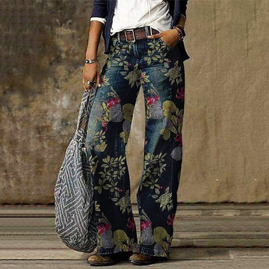 Women’s Wide-Leg Trousers – High Waisted – Floral Print – Breathable Blend – Full Length