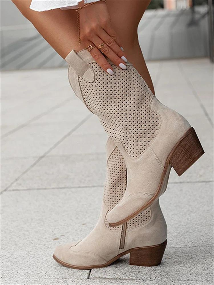 Women’s Cowboy Boots – Leather – Mid-Calf – Perforated Detail – Medium Heel – Side Zip