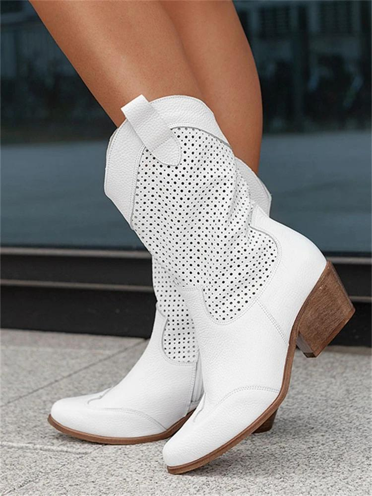 Women’s Cowboy Boots – Leather – Mid-Calf – Perforated Detail – Medium Heel – Side Zip
