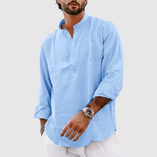Men’s Henley Shirt – Relaxed Fit – Long Sleeve – Band Collar – Natural Fibers Casual Wear