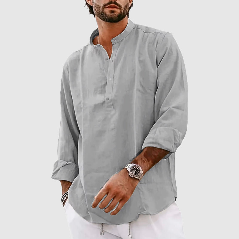 Men’s Henley Shirt – Relaxed Fit – Long Sleeve – Band Collar – Natural Fibers Casual Wear