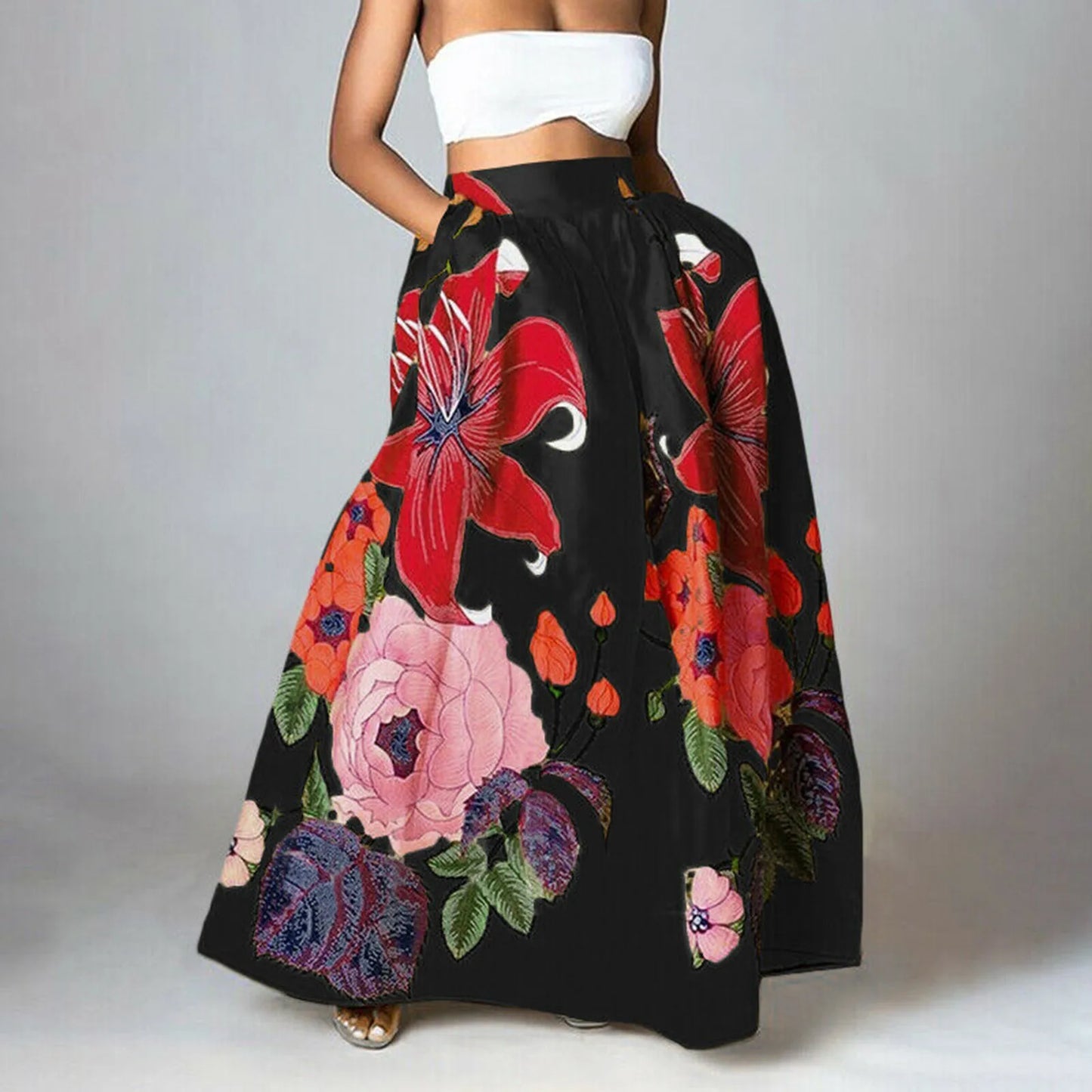 Women’s Maxi Skirt - Cotton Blend - Flared Fit - Wide Waistband - Bold Floral Print