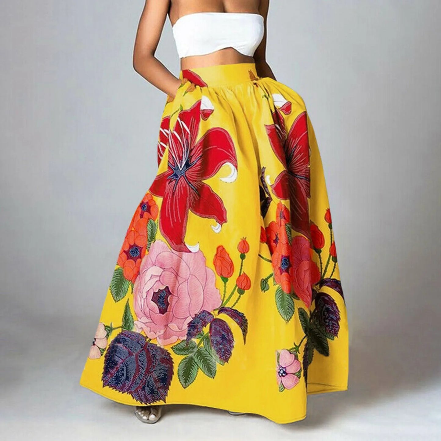Women’s Maxi Skirt - Cotton Blend - Flared Fit - Wide Waistband - Bold Floral Print