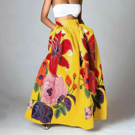 Women’s Maxi Skirt - Cotton Blend - Flared Fit - Wide Waistband - Bold Floral Print