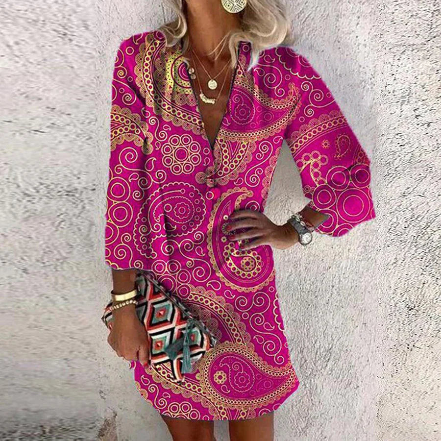 Women’s Mini Dress – Tailored Fit – Deep V-Neck – Paisley Print – Breathable Blend