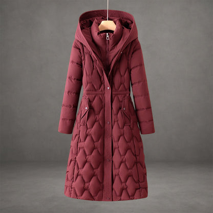 Aurora Hooded Fitted Silhouette Down Coat | Quilted Knee-Length Coat