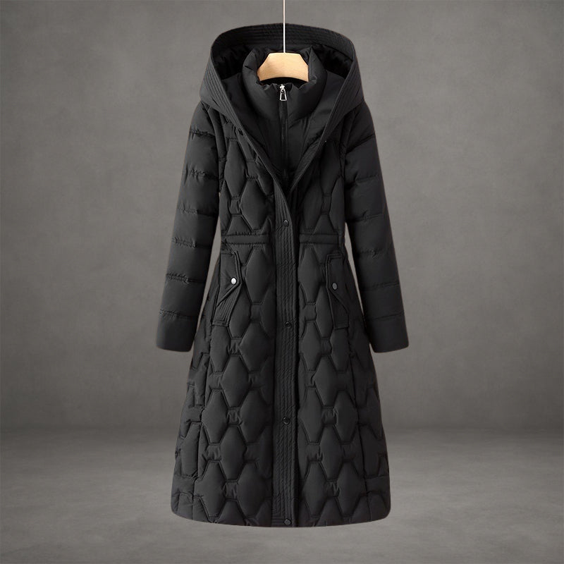 Aurora Hooded Fitted Silhouette Down Coat | Quilted Knee-Length Coat