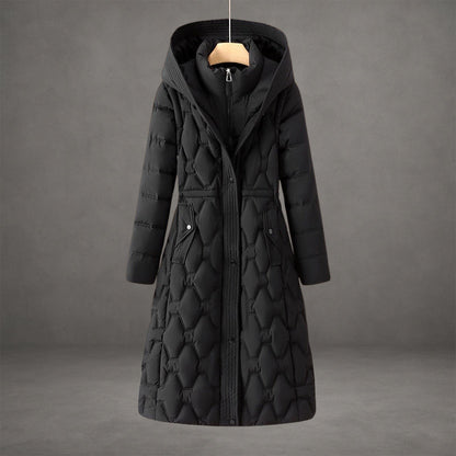 Aurora Hooded Fitted Silhouette Down Coat | Quilted Knee-Length Coat