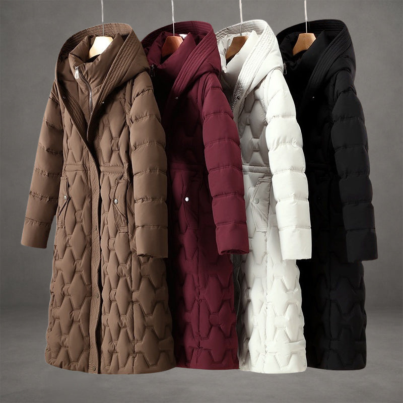Aurora Hooded Fitted Silhouette Down Coat | Quilted Knee-Length Coat