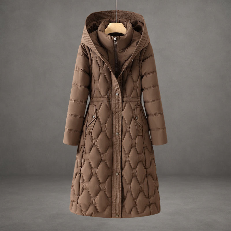 Aurora Hooded Fitted Silhouette Down Coat | Quilted Knee-Length Coat