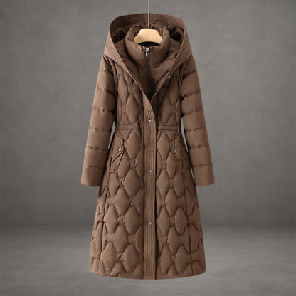 Aurora Hooded Fitted Silhouette Down Coat | Quilted Knee-Length Coat
