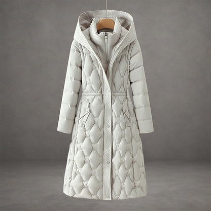 Aurora Hooded Fitted Silhouette Down Coat | Quilted Knee-Length Coat