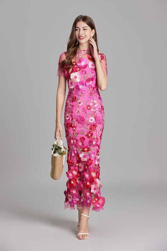 Women’s Maxi Dress – Fitted Silhouette – Embroidered Mesh – Sheer High Neckline