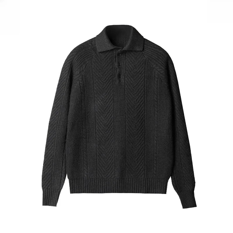 Men’s Knitted Sweater – Slim Fit – Cable Knit – Polo Collar – Long Sleeve Wool Blend
