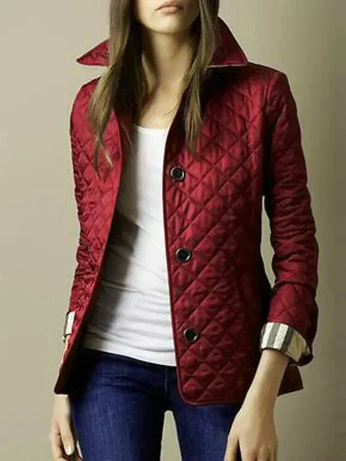 Women’s Quilted Jacket – Diamond Pattern – High Collar – Button Closure – Tailored Fit