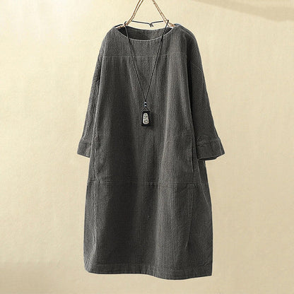 Women's Corduroy Dress - Relaxed Fit - Long Sleeve - Soft Textured Casual Wear