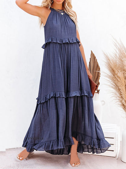 Women’s Maxi Dress – Relaxed Fit – Halter Neck – Ruffle Tiered Skirt – Natural Fibers
