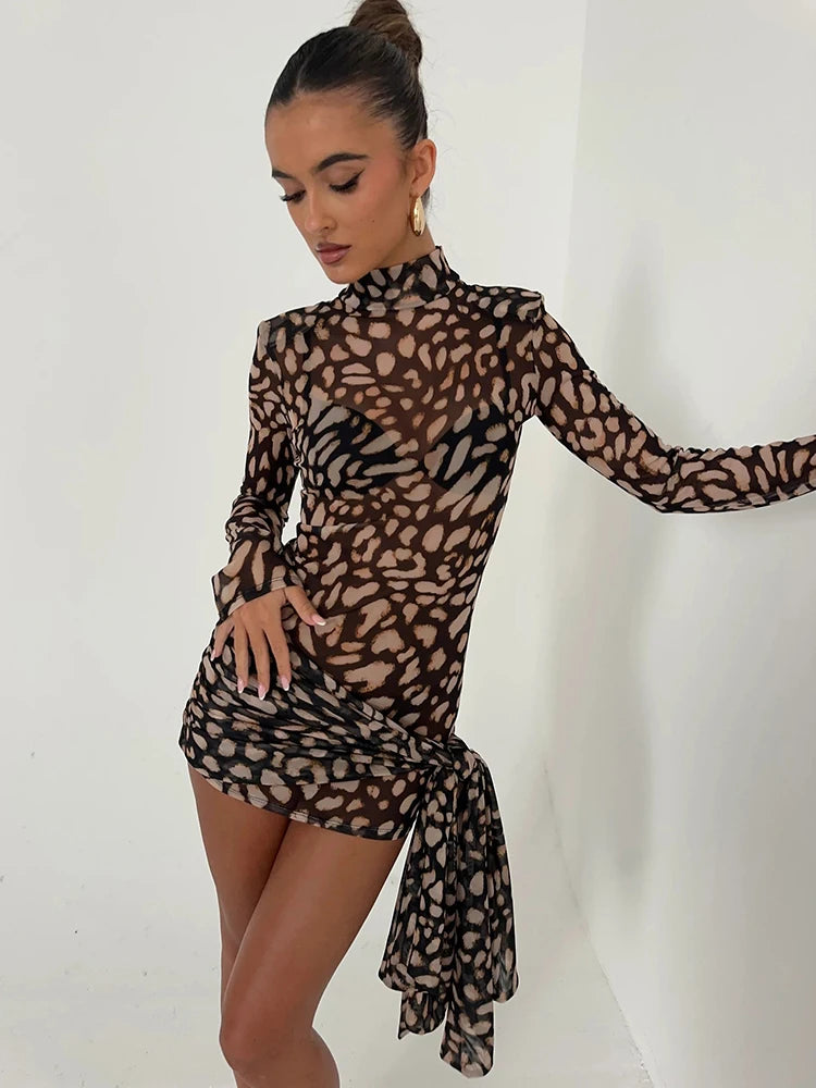 Women's Mini Dress - Sheer Print - High Neck - Long Sleeve - Wrap Style Elegant Fit