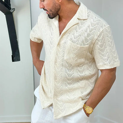 Men’s Knit Shirt – Soft Jacquard Texture – Relaxed Fit – Short Sleeve Casual Collar