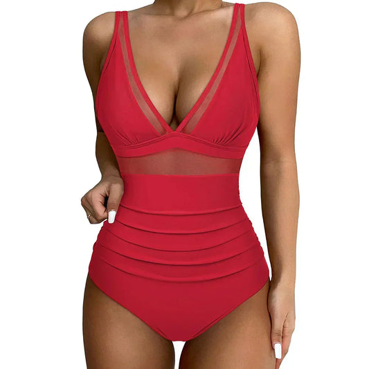 Women’s One-Piece Swimsuit – Sculpting Fit – Mesh Panels – High-Cut Leg – Supportive Straps