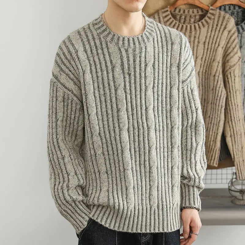Leo Relaxed Fit Pullover Sweater | Cable Knit Striped Hip-Length Pullover Sweater