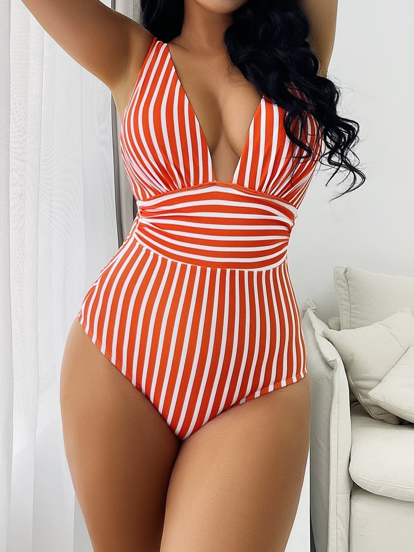 Women’s One-Piece Swimsuit – Elegant Fit – Deep V-Neck – Striped – Stretch Fabric