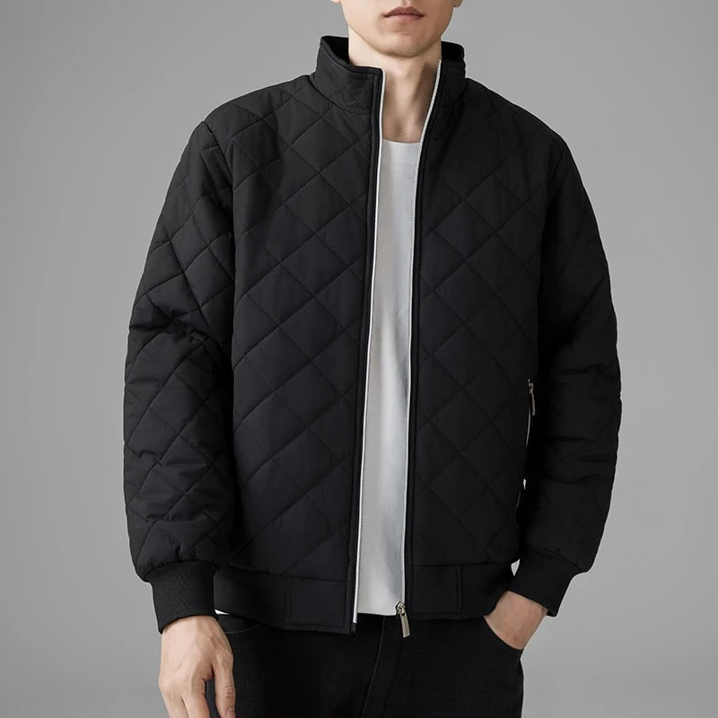 Harry Quilted Bomber Jacket | Stand Collar Ribbed Trim Jacket