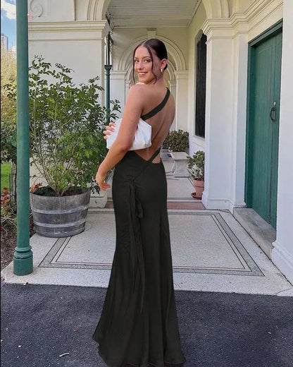 Women’s Gown – Slim Fit – Luxury Fabric – Spaghetti Straps – Open Back – Floor Length