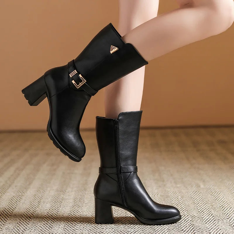 Isla Buckle Mid-Calf Boots | Side Zipper Block Heel Boots