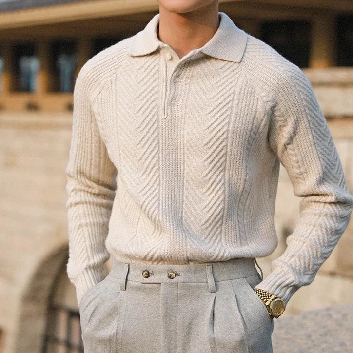 Men’s Knitted Sweater – Slim Fit – Cable Knit – Polo Collar – Long Sleeve Wool Blend