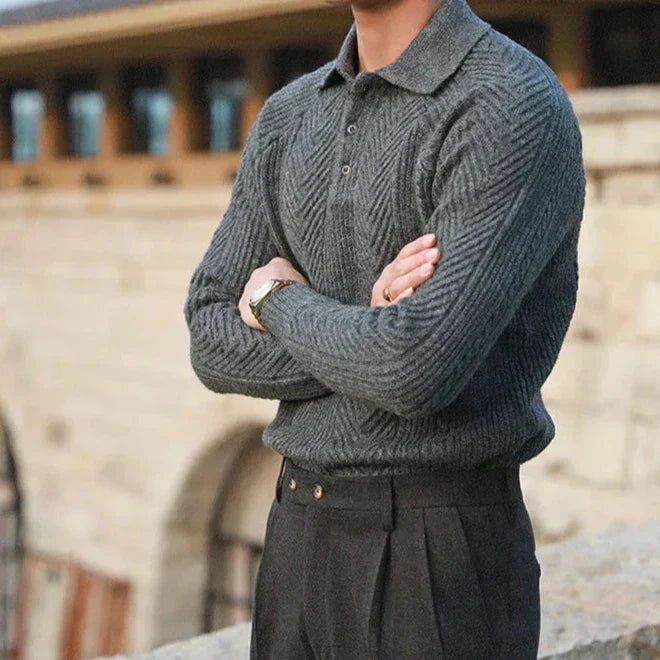 Men’s Knitted Sweater – Slim Fit – Cable Knit – Polo Collar – Long Sleeve Wool Blend