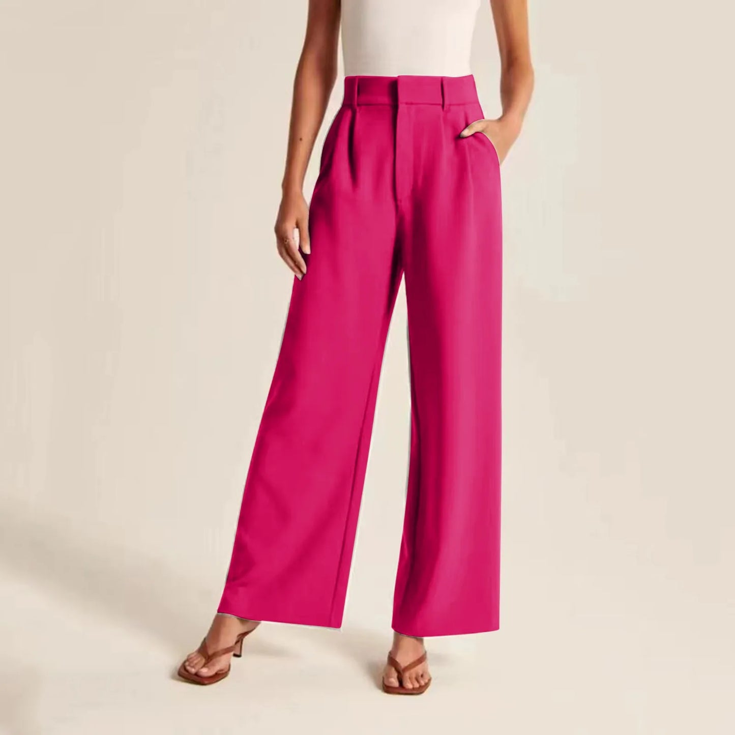 Women’s Wide Leg Pants – High Waisted – Linen Feel – Full Length Pleated Fit