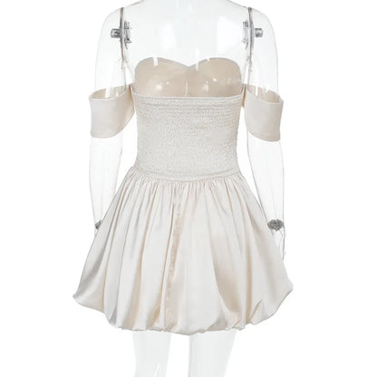 Women's Off-Shoulder Mini Dress - Sweetheart Neckline - Ruched Bodice - Flared Ruffled Hem