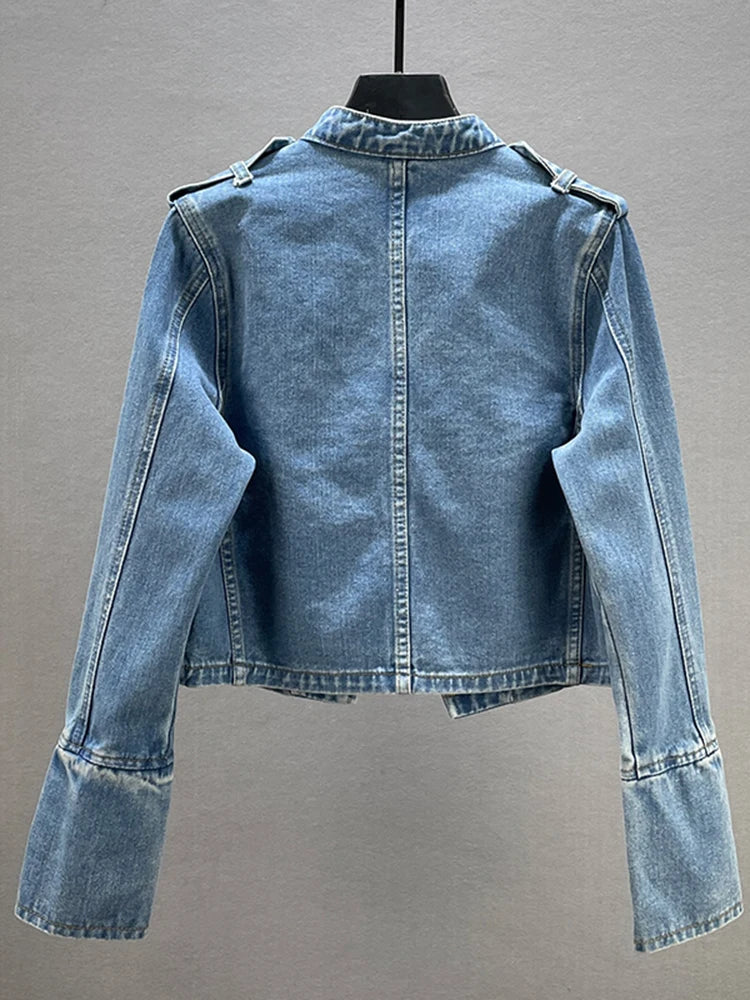 Women’s Denim Jacket – Cropped Fit – Military Style – Double-Breasted Buttons