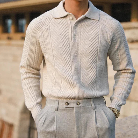 Men’s Knitted Sweater – Slim Fit – Cable Knit – Polo Collar – Long Sleeve Wool Blend