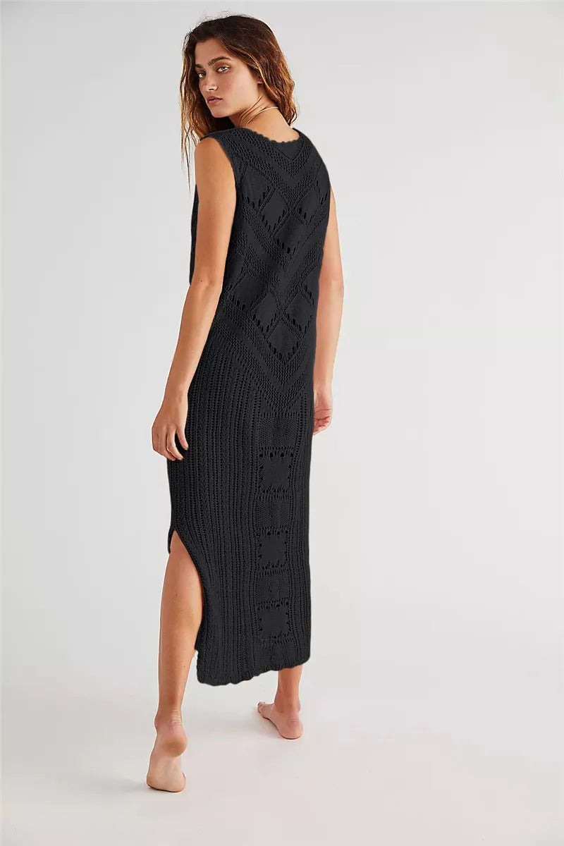 Women’s Midi Dress – Relaxed Fit – Mesh Knit – V-Neck – Side Slits – Breathable Fabric