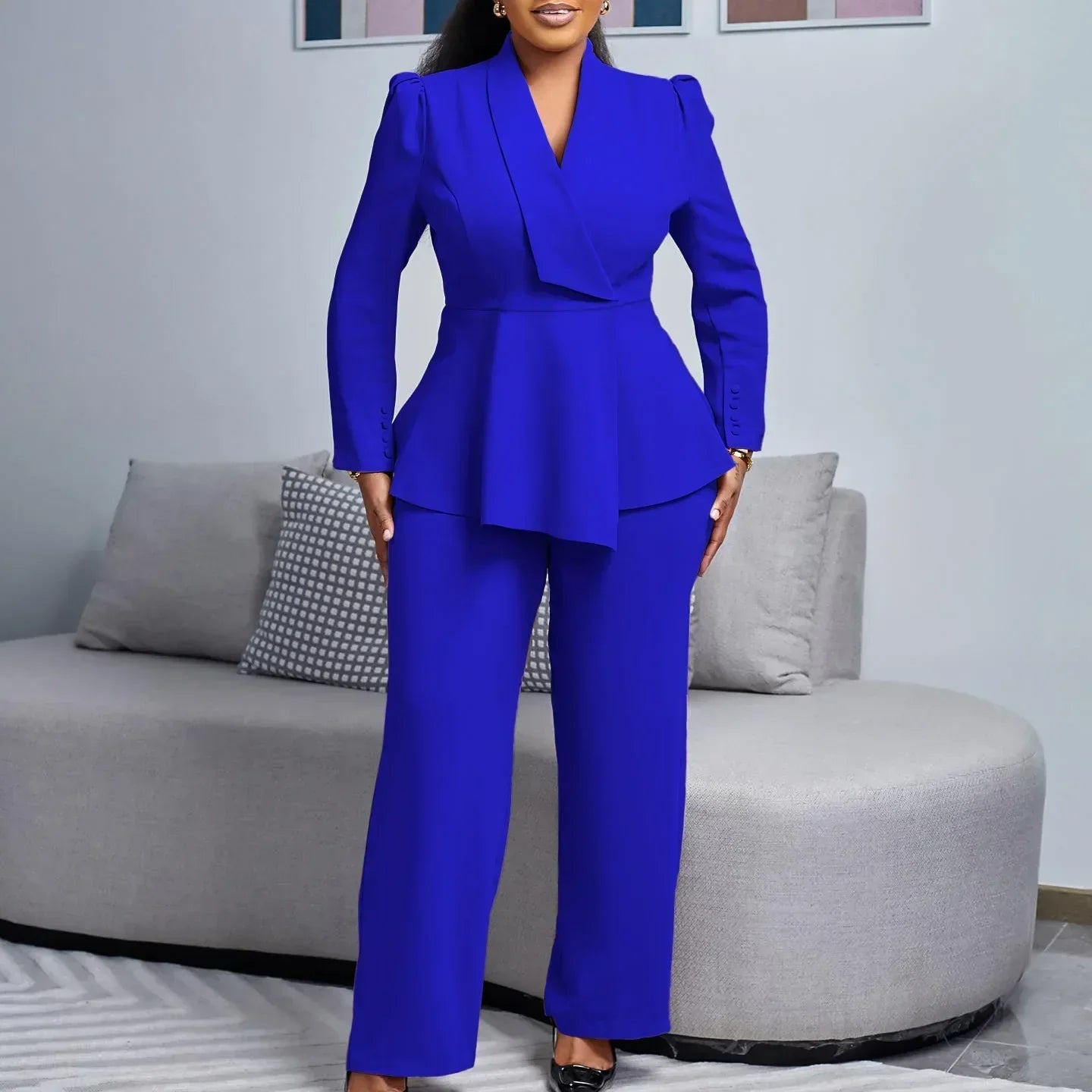 Isla Peplum Blazer Wide Leg Trousers Two-Piece Set | Tailored Fit Solid Suit Set