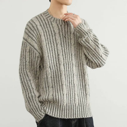 Leo Relaxed Fit Pullover Sweater | Cable Knit Striped Hip-Length Pullover Sweater