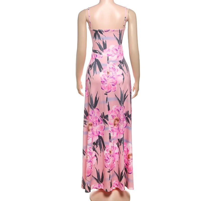 Women's Maxi Dress - Floral Print - Spaghetti Strap - Flowy Elegant Fit