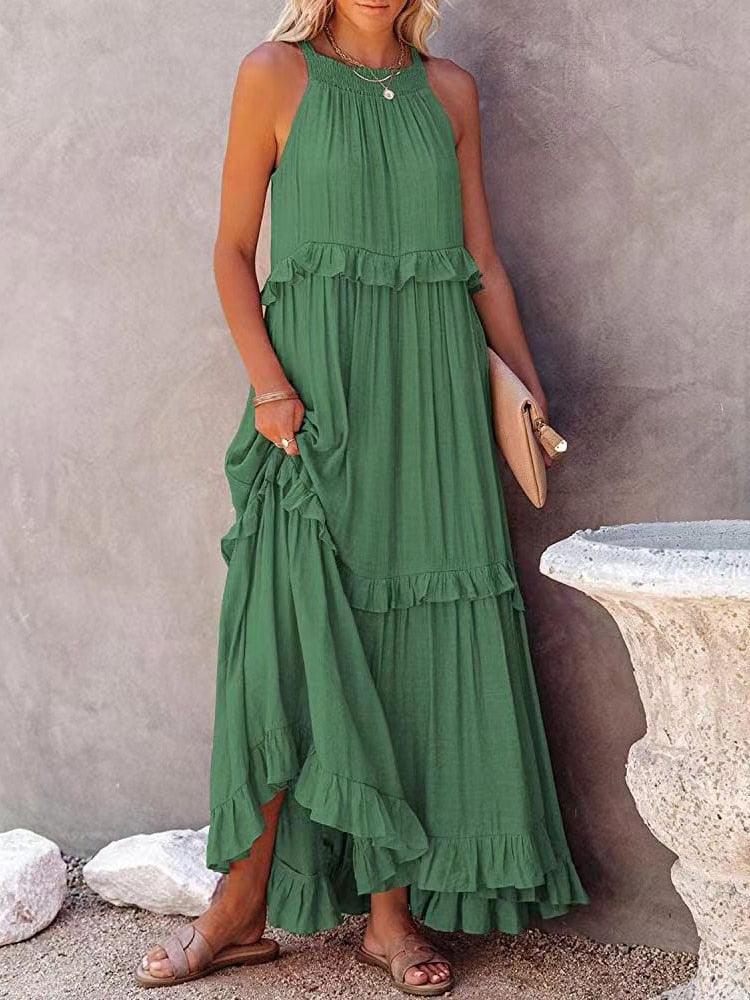 Women's Maxi Dress - Halter Neck - Sleeveless Flowy Fit - Ruffle Detail Elegant Casual Wear