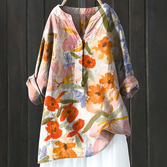 Women's Tunic Blouse - Cotton Blend - Relaxed Flowing Silhouette - Bold Floral Print