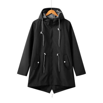 Women’s Trench Coat – Waterproof Fabric – Relaxed Fit – Hooded with Zip Closure