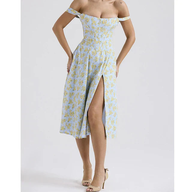 Women’s Midi Dress – Corset Bodice – Wide Straps – Side Slit – Floral Print